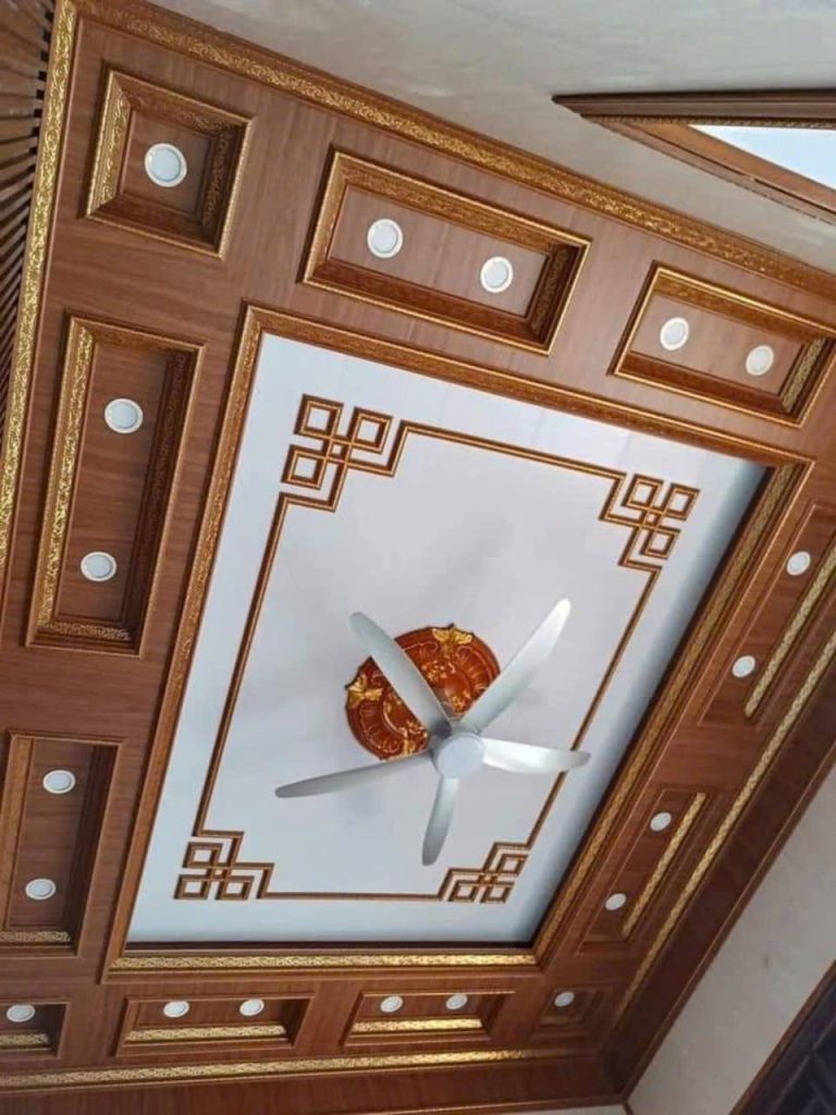 trần 2 cấp phào chỉ ps mạ vàng có máng đèn
